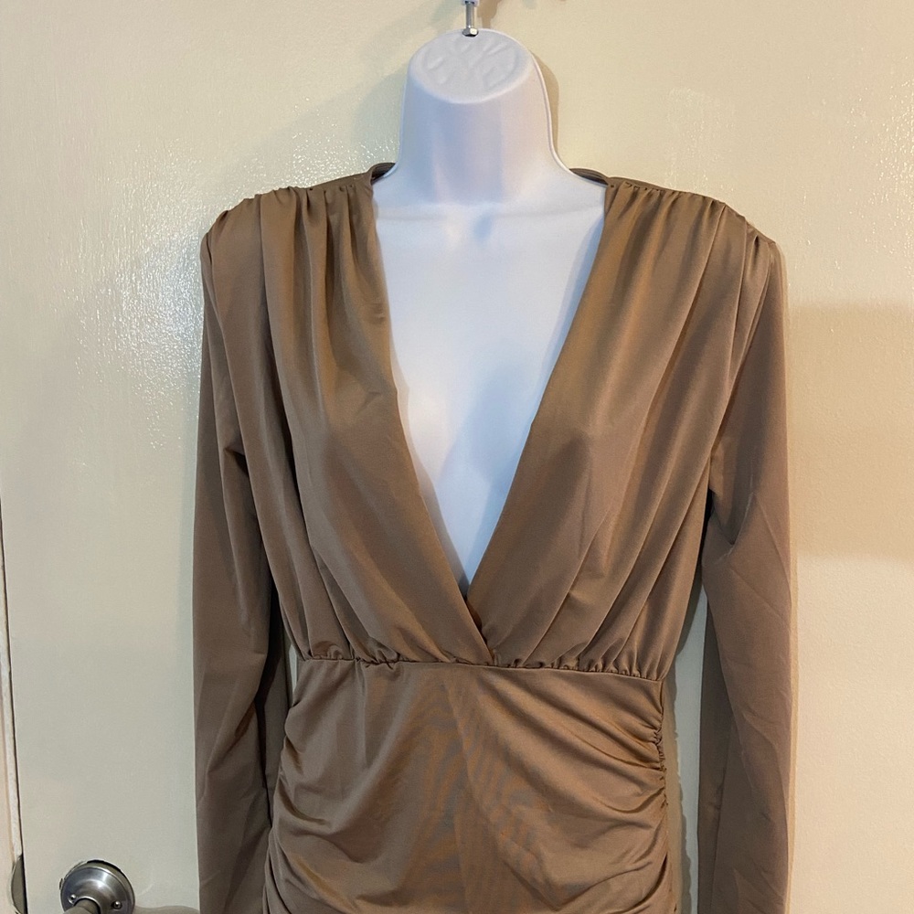 Shein Tan shiny long sleeve dress. - Picture 2 of 6